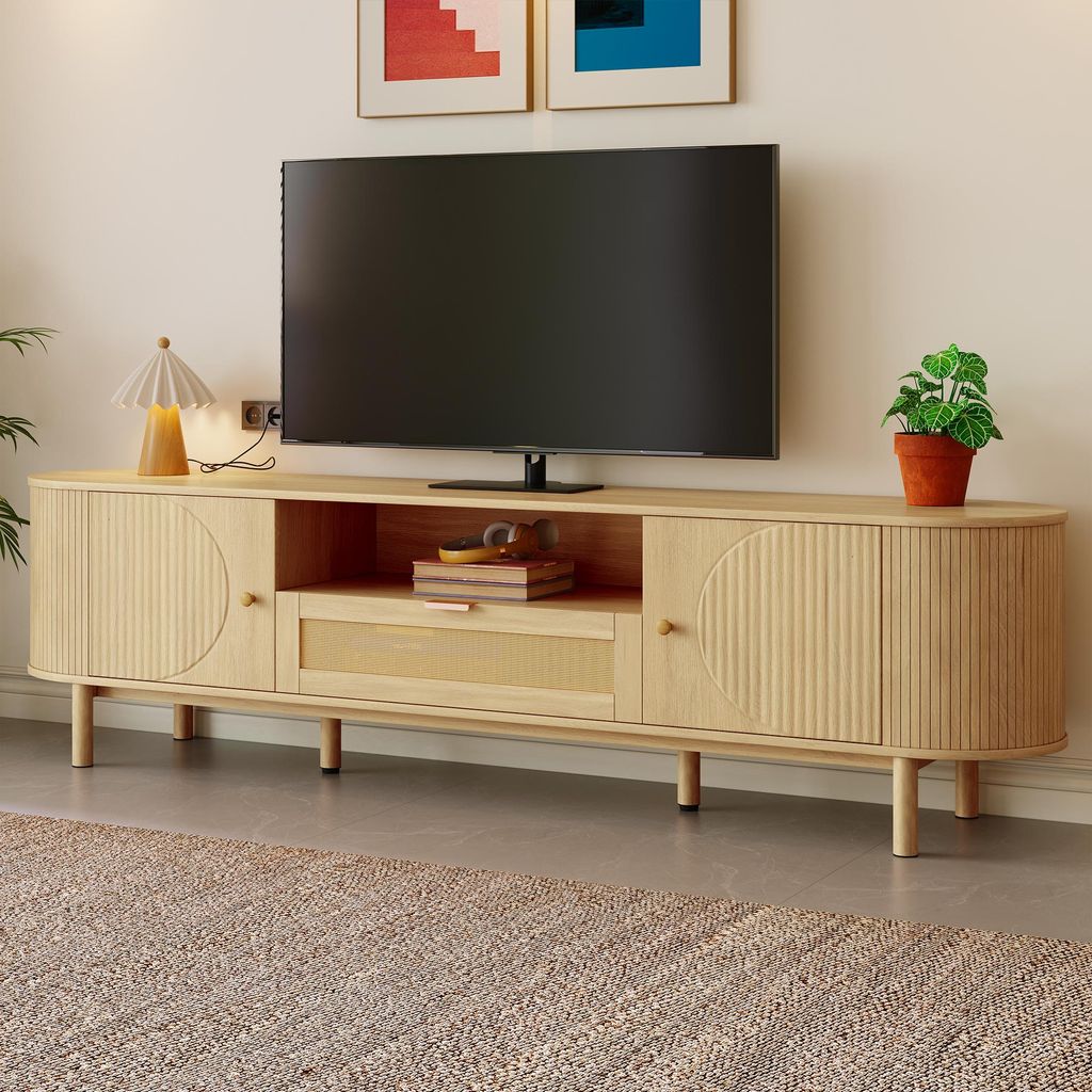 Merax TV-Schrank 175cm Holzoptik mit Rattanschublade, offene Fächer, TV-Möbel mit Kabeldurchführung und Metallbeine, Landhausstil, abgerundet