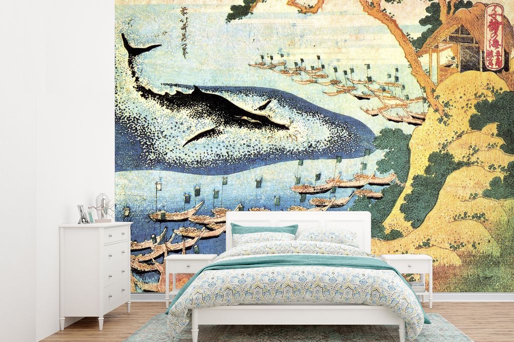 MuchoWow Fototapete für Wohnzimmer oder Schlafzimmer Wandtapete Vinyl Motivtapete Ein Wal bei Goto - Gemälde von Katsushika Hokusai - 385x280 c...