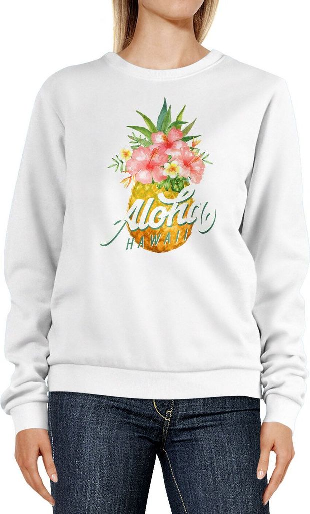 Sweatshirt Damen Ananas Tropical Design Schriftzug Aloha Hawaii tropische Blüten Rundhals-Pullover Pulli Sweater Neverless weiß S