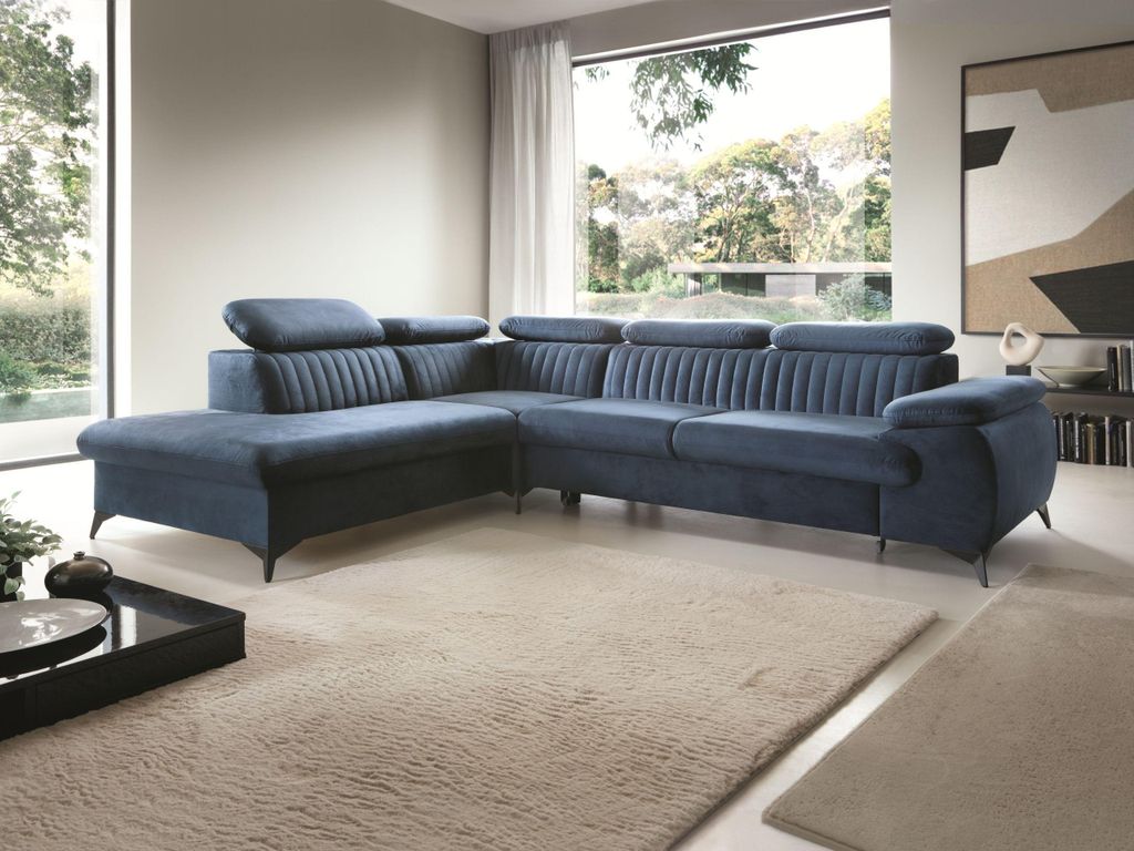 Masseno Ecksofa FIORE mit Schlaffunktion L-Form, Sofa mit Bettkasten, Wohnzimmersofa, Couch, Soffa, Bettsofa, Couchgarnitur- Blau, MONOLITH 77