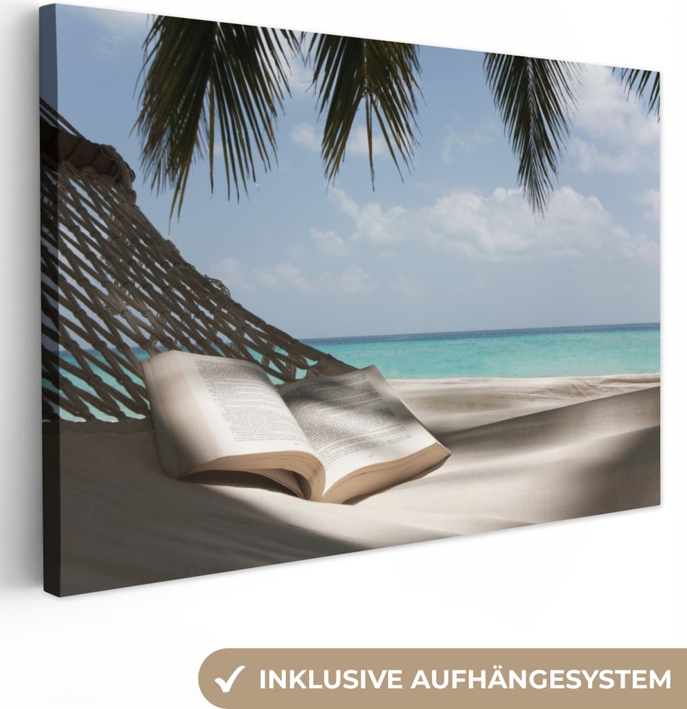 OneMillionCanvasses - Leinwandbilder - 150x100 cm, Hängematte - Buch - Strand, Wandbilder Kunstdruck Wanddekoration