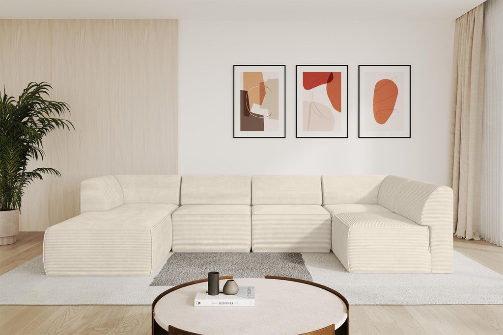 ALTDECOR Ecksofa Wohnlandschaft MOVO-L 345x180x78 cm - Beige Cord Corner Sofa Eckcouch Couch U-Form, Links angeordnet Ausziehbar