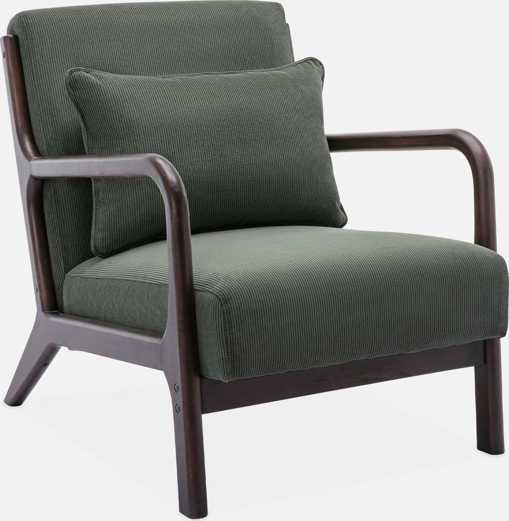 A green armchair with a dark wood frame and a small cushion.