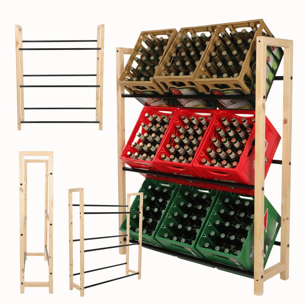 MODO24 Getränkekistenregal 9 Kisten, Kistenregal, Getränkeregal, Kistenständer, Holz Metall, Kellerregal, 137,5x32x111,5 cm, Natur/Schwarz, RSO