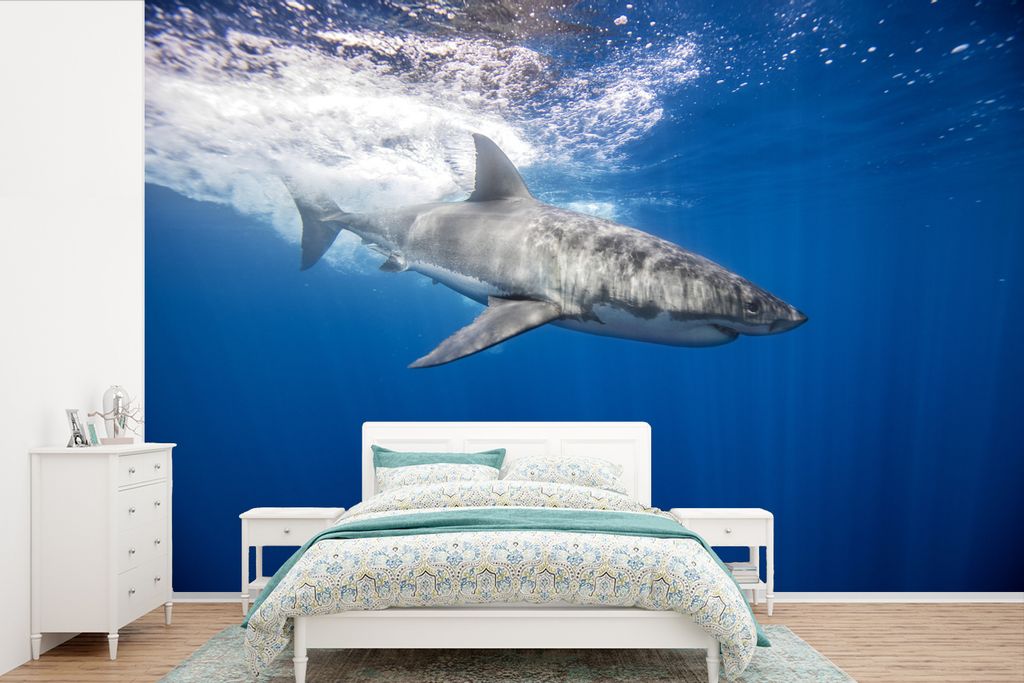 MuchoWow Fototapete für Wohnzimmer oder Schlafzimmer Wandtapete Vinyl Motivtapete Hai - Meer - Wasser - 390x260 cm - Papiertapete