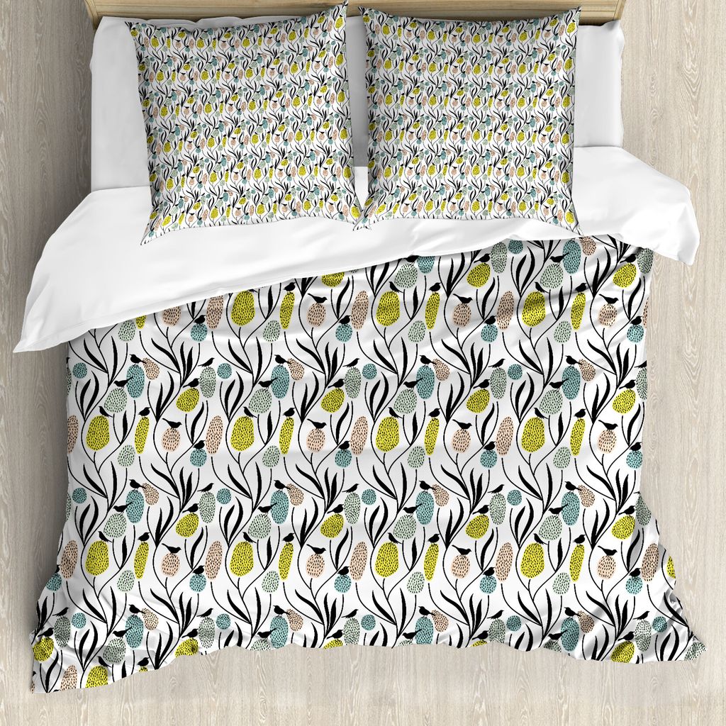 ABAKUHAUS Frühling Bettbezug Set für Einzelbetten, Vögel und Pflanzen Abstrakt, Milbensicher Allergiker geeignet mit Kissenbezug, 155 cm x 220 c...