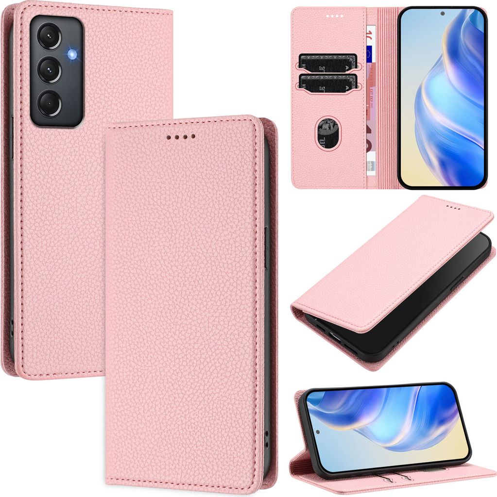 Litchi Leder Handyhülle für Samsung Galaxy A24 4G Wallet Kartenfächer Standfunktion Hülle Pink