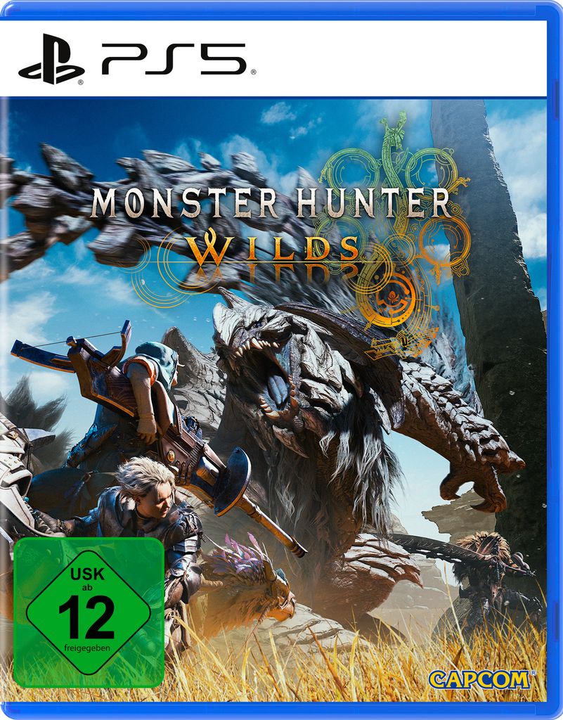 The image is a video game box art for Monster Hunter Wilds on PS5. It features a large monster and two hunters in a grassy landscape.