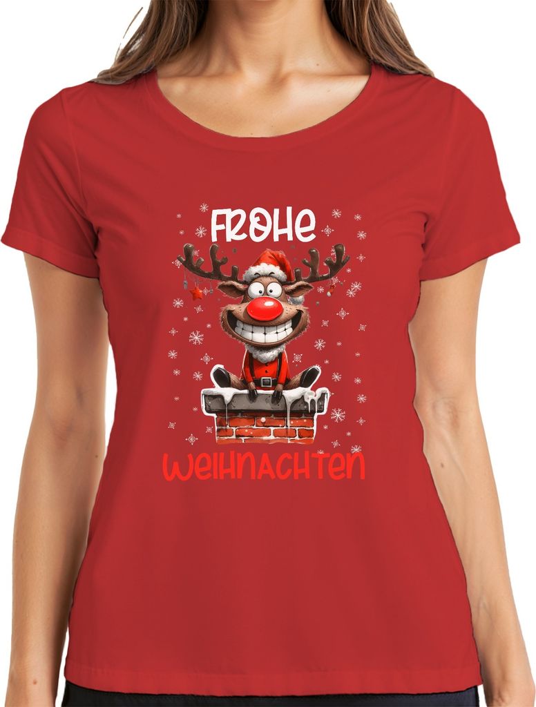 Frohe Weihnachten lustiger Elch Reh Rentier - Weihnachten Xmas Christmas Damen T-Shirt, Rot, S