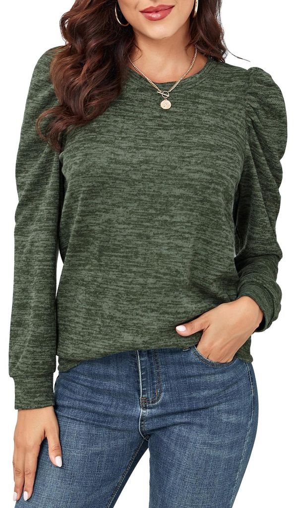 Damen-Sweatshirt mit Rundhalsausschnitt, modisch, lässig, lockerer Saum, lange Puffärmel, Pullover, Tops, Bluse für die Arbeit, OD, Grün, XL