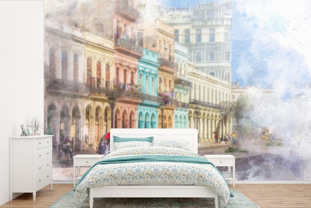 MuchoWow Fototapete für Wohnzimmer oder Schlafzimmer Wandtapete Vinyl Motivtapete Ein blauer kubanischer Oldtimer in der Innenstadt von Havanna ...