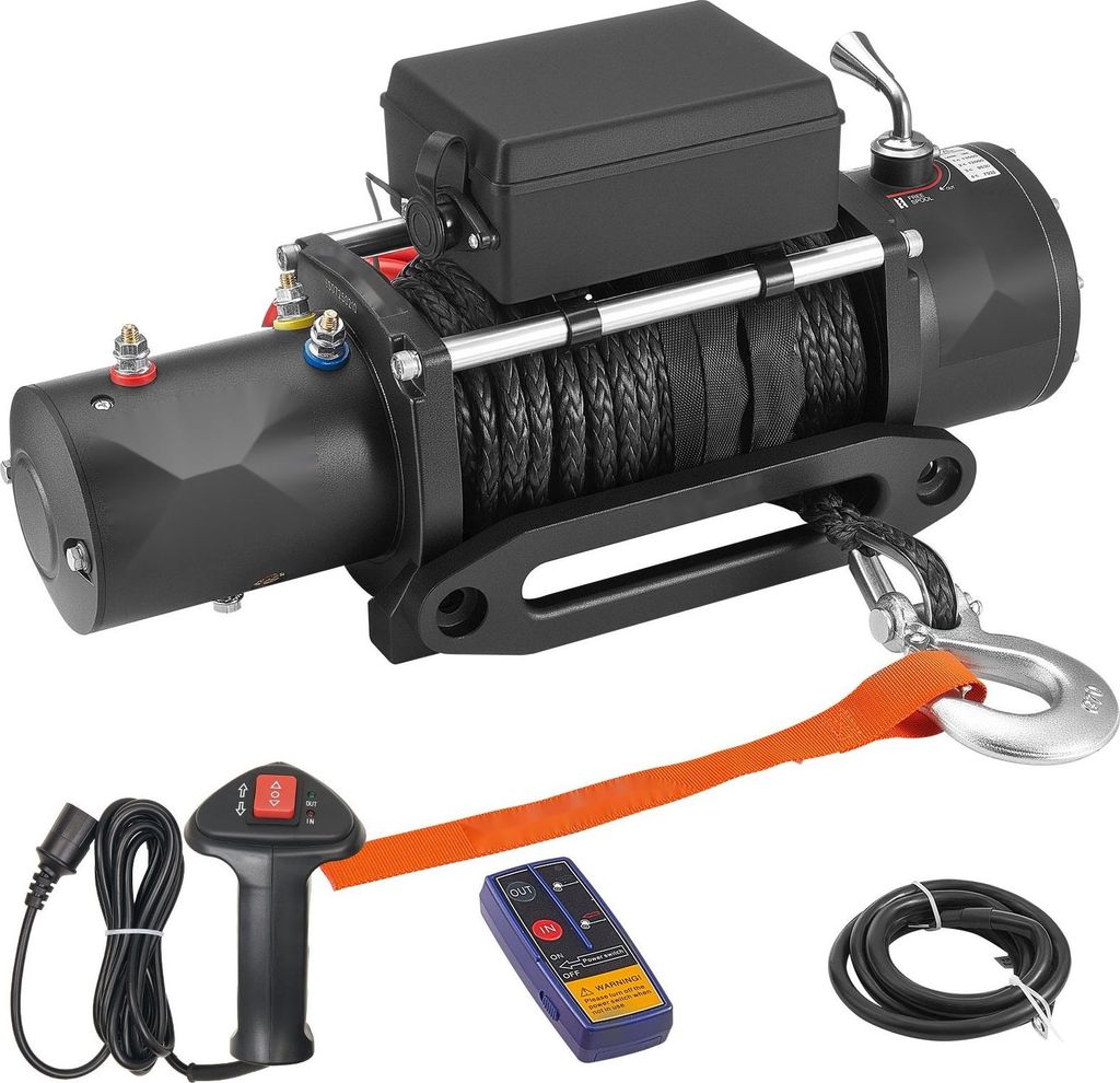 Elektrische Seilwinde - 12 V Offroad-Elektrowinde - Zugkraft 6100 kg - Synthetikseil 26 m - Funk- & Kabel-Fernbedienung - IP55 - Für Geländewagen...