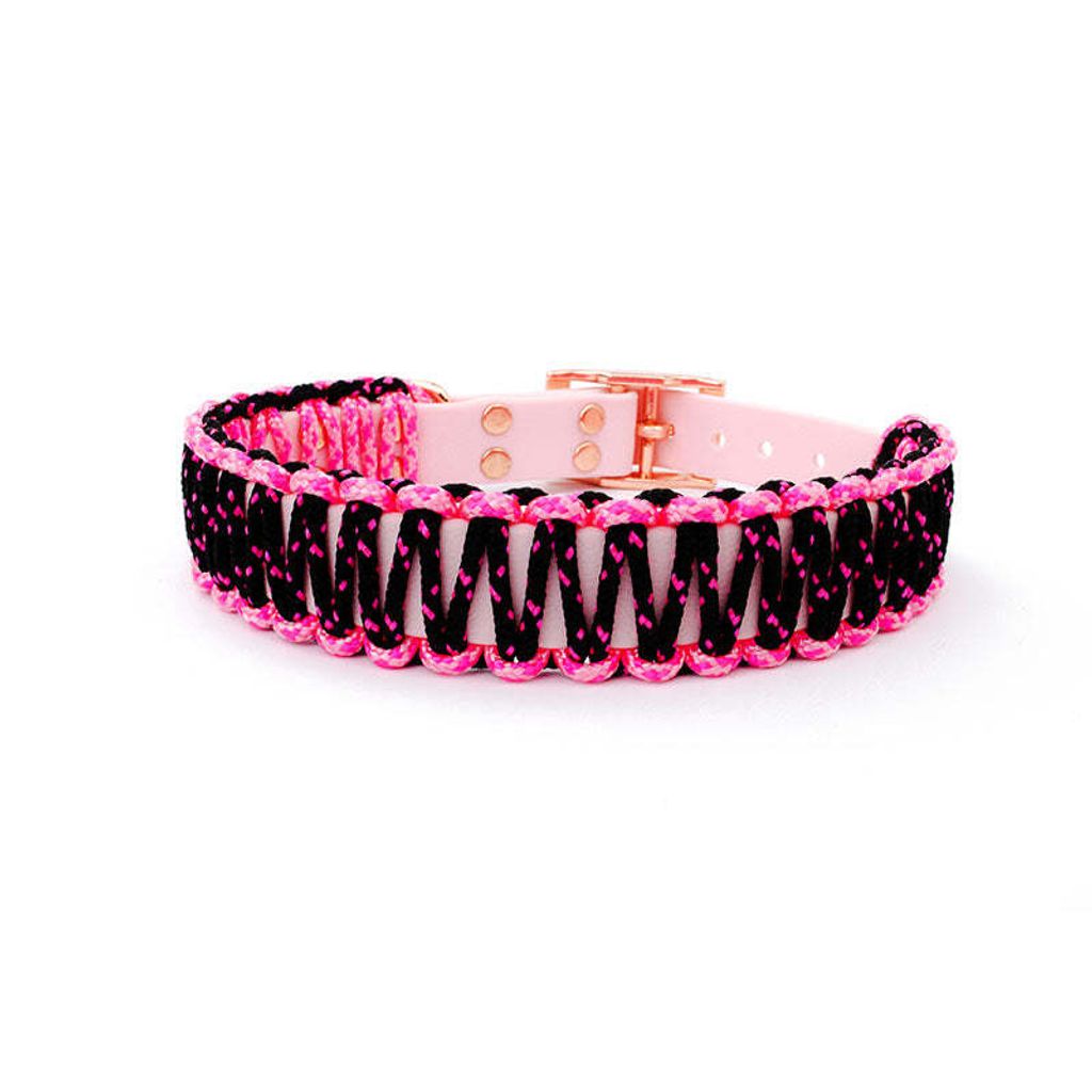 Hundehalsband Lori Tierluxe - Handgemacht, Paracord, Biothane – XXL Halsumfang 45-51 cm / Pink Schwarz