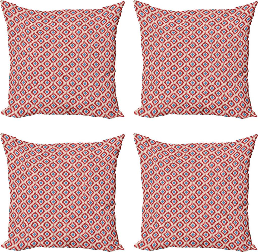 ABAKUHAUS Ikat Kissenbezug Set (4 Stück), Traditionelle Diamant-Linie, Moderner Doppelseitiger Digitaldruck, 60 cm x 60 cm, Rot Blau Beige