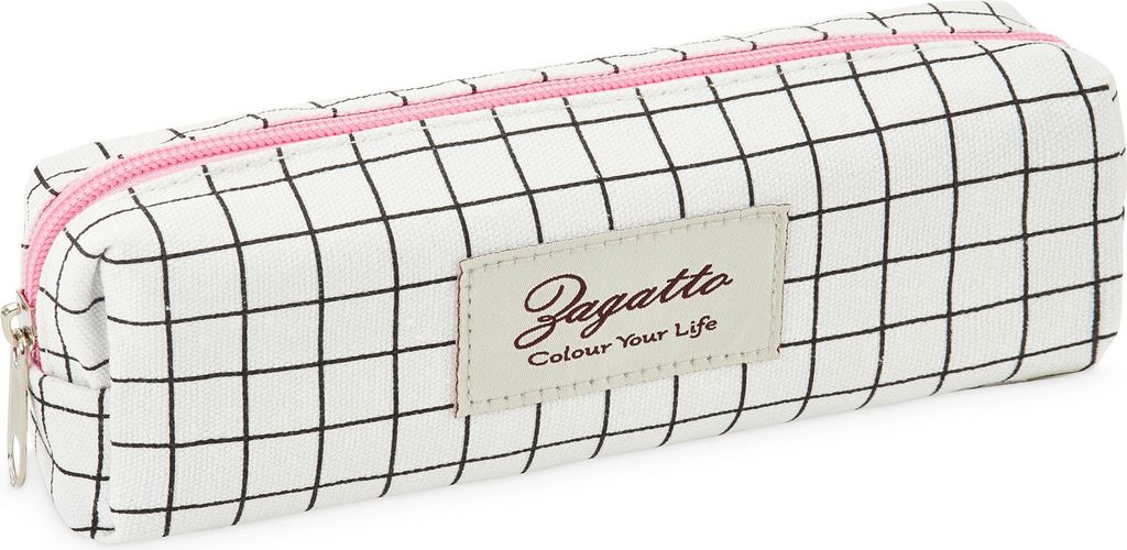ZAGATTO Schulmäppchen, Damen, Herren weiß in schwarz kariert mit rosa Reißverschlüssen, ein Fach, Reißverschluss, Logoaufnäher, 22x6x6 cm fed...