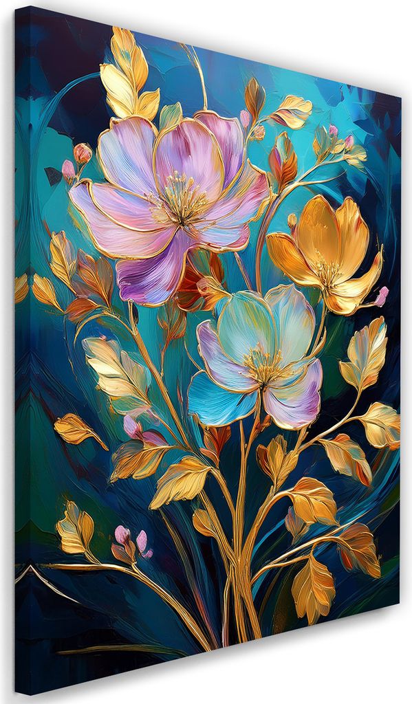 Leinwandbild Bunte Blumen Gold Abstraktion 80x120 Feeby Bunt bild für die wand bereit zum aufhängen