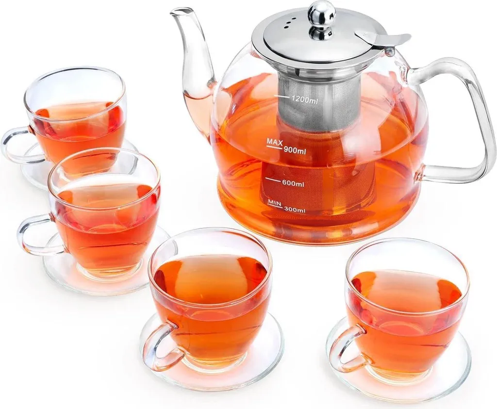 Teiera in Vetro con Filtro 1200ml + 4 Tazze Set Completo Design Moderno