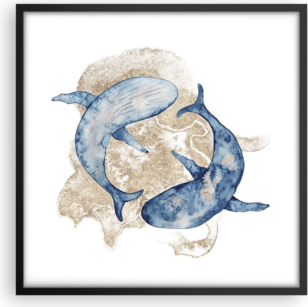 Gerahmtes Poster - Schwarzer Rahmen - Wal Aquarell Gold - 50x50 cm - Wand Bild - Wanddeko - Wandbilder - Kunstposter - Wandposter - Bilderrahmen - ...