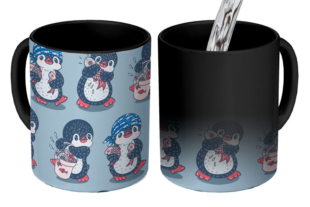 KitchenYeah Zauber Tasse Zaubertasse Magic Pinguin - Gestaltung - Fisch 350 ml Farbwechsel Becher Geschenk Geschenkidee - Magic-Tasse - Fototasse...