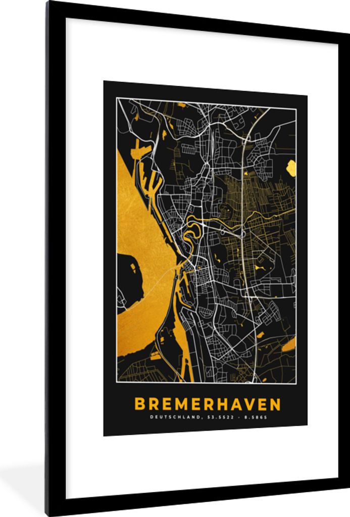 MuchoWow Gerahmtes Poster Bremerhaven - Gold - Stadtplan - Karte - Deutschland 60x90 cm - Poster mit Schwarzem Bilderrahmen Wandposter Rahmen Fot...