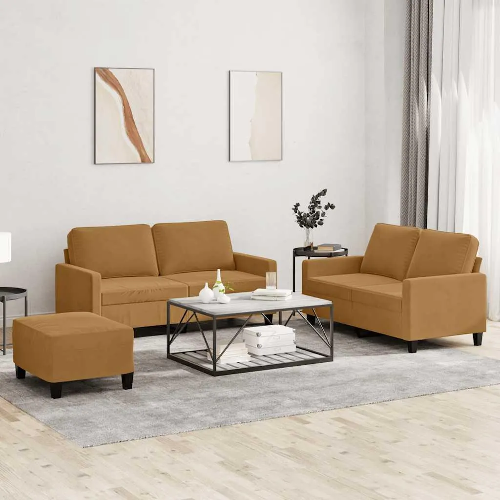 vidaXL Ensemble de canapés 3 pièces en velours marron avec coussins - 2