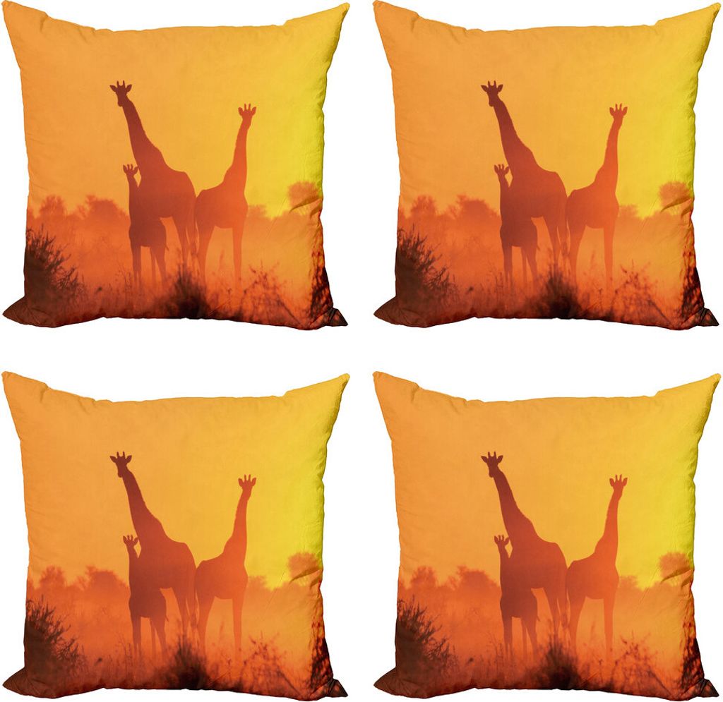 ABAKUHAUS Giraffe Kissenbezug Set (4 Stück), Sonnenuntergang mit Tieren, Moderner Doppelseitiger Digitaldruck, 60 cm x 60 cm, Orange Burnt Orange