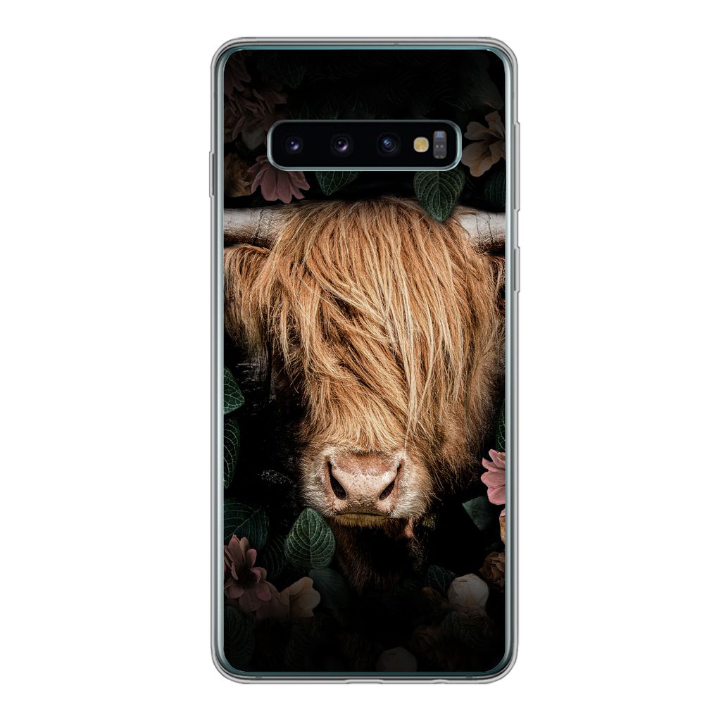 MuchoWow Handyhülle Schutzhülle Hülle für Samsung Galaxy S10 Schottischer Highlander - Kuh - Blätter Silikon Softcase Handy Hülle - Handyta...