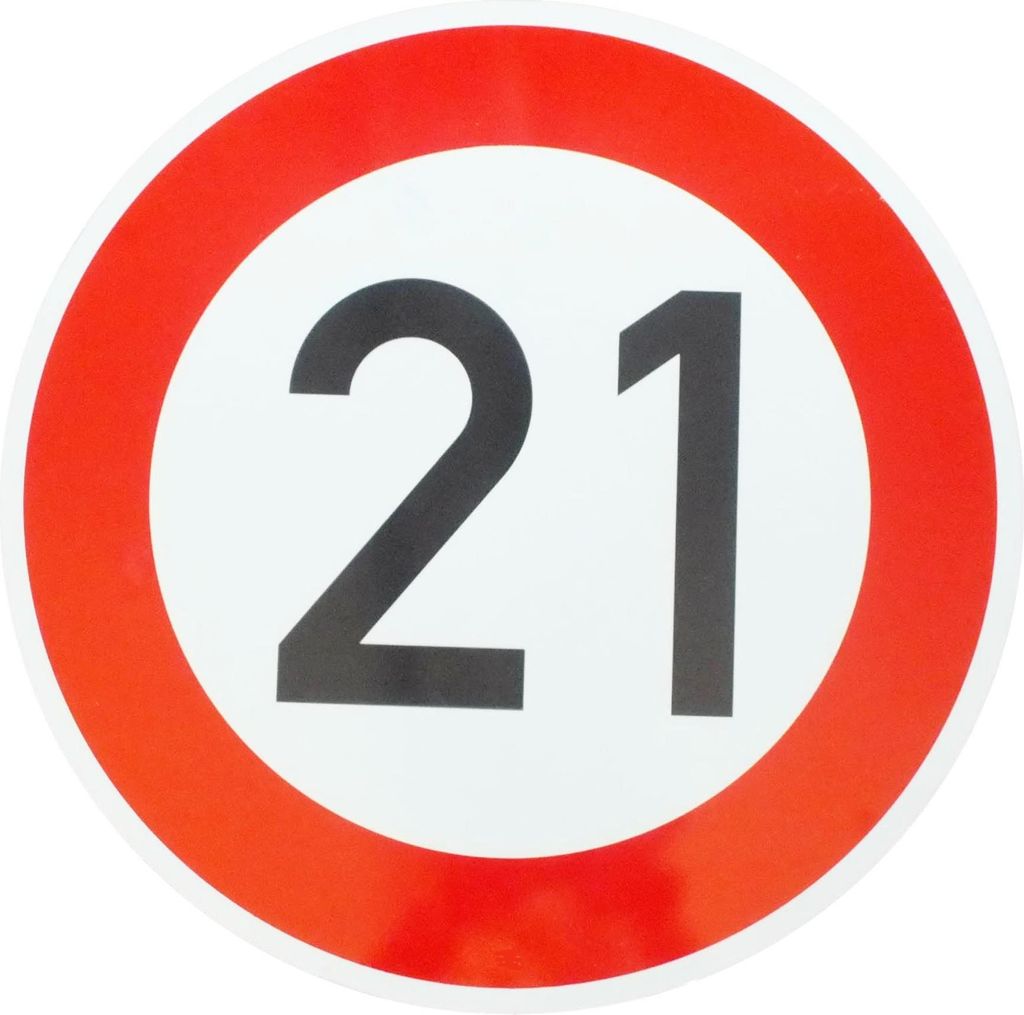 ORIGINAL Verkehrzeichen 21 KM/H Schild Nr. 250 (m. Sondertext) StVO Verkehrsschild Straßenschild Straßenzeichen Metall zum 21. Geburtstag Geburts...
