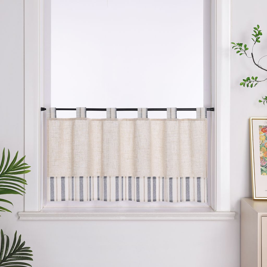 Joyswahl Scheibengardine mit Schlaufen Leinen Bistrogardine mit grauen Streifen Küche Gardinen landhausstil Kurzstores Beige HxB 60x90cm