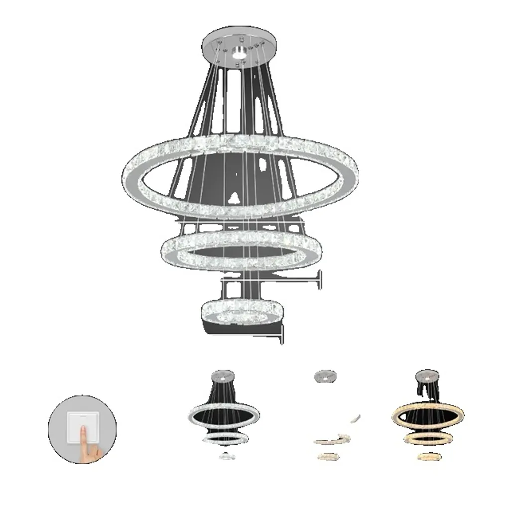 Éclairage de plafond design pour grand salon, lustre 3 anneaux cristal