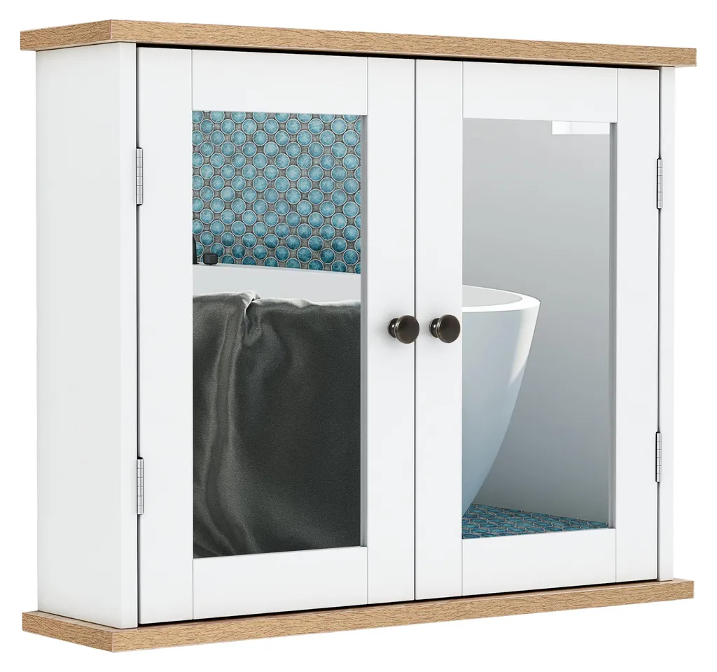 Meuble de toilette mural avec miroir et étagère réglable en bois blanc
