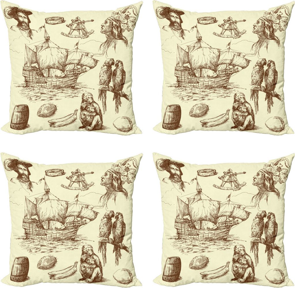 ABAKUHAUS Nautisch Kissenbezug Set (4 Stück), Altes Handelsschiff, Moderner Doppelseitiger Digitaldruck, 45 cm x 45 cm, Pale Yellow Brown