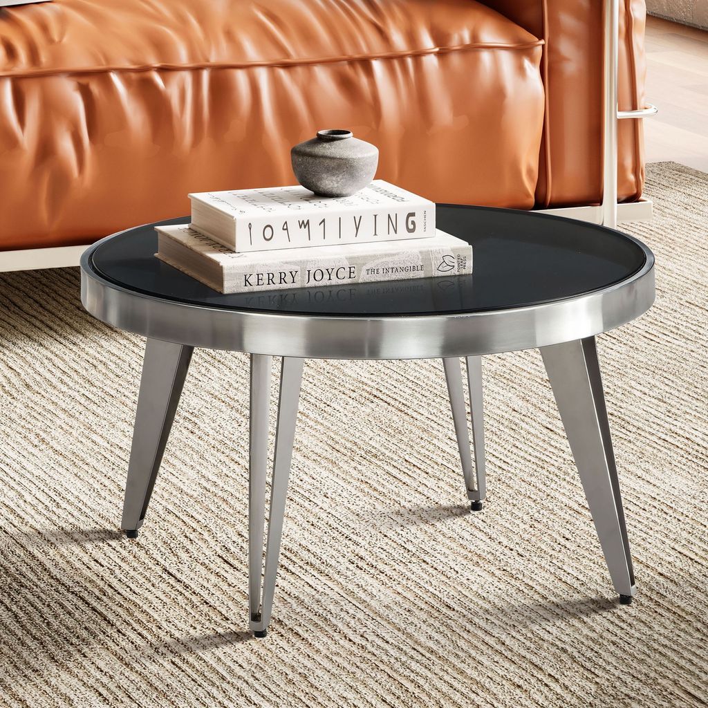 FineBuy Couchtisch Glas Metall 60x60x33 cm Sofatisch Silber Wohnzimmertisch Rund Kleiner Kaffeetisch Modern Beistelltisch Anstelltisch Wohnzimmer