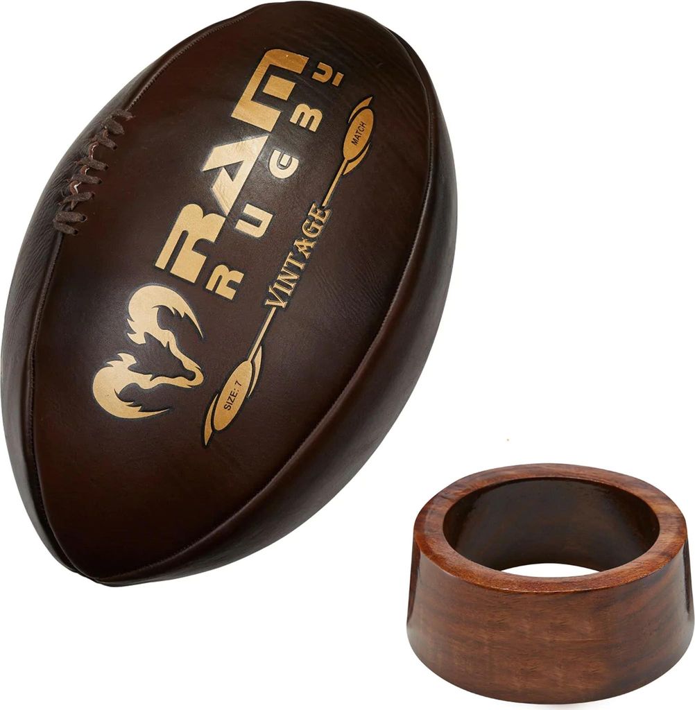 Vintage piłka do rugby z drewnianym stojakiem Zdjęcie produktu 