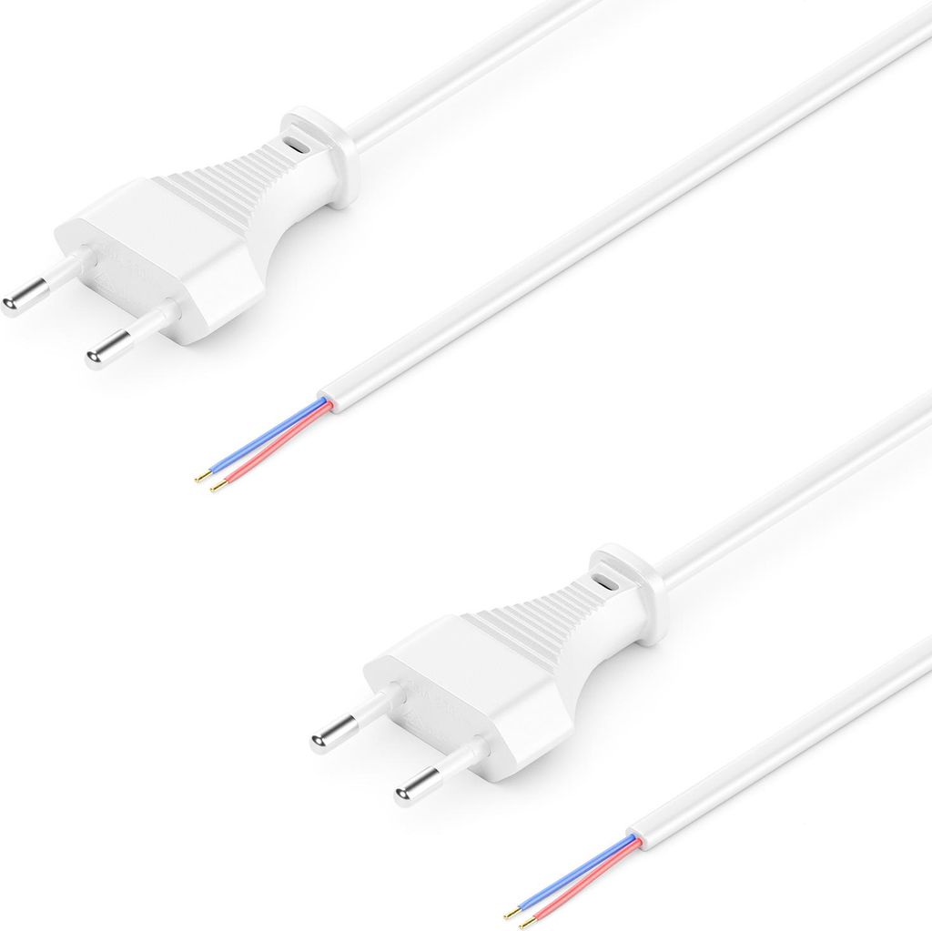 deleyCON 2x 2m Euro-Netzkabel - Offenes Kabelende - Stromkabel, Ersatzkabel, Anschlusskabel, Zuleitung - Typ C Flacher Euro Stecker - für Leuchten...