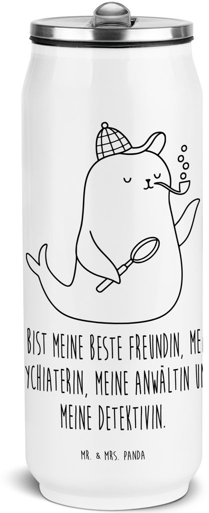 Mr. & Mrs. Panda Thermosflasche Robbe Sherlock - Weiß - Geschenk, Lustige Sprüche, Trinkflasche mit Trinkhalm, sport, Wasserflasche, Edelstahl