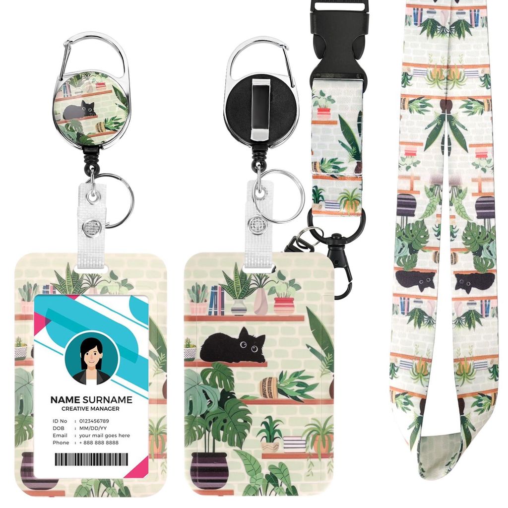 Ausweishalter mit Riemen, Sicherheitsband, Einzugsmechanismus für Ausweise, abnehmbaren Namensclips, Umhängeband, Bürogeschenke (Katze)