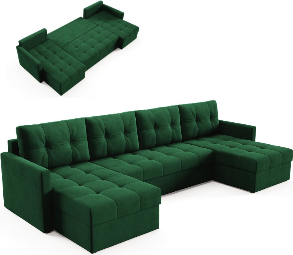 BETTSO Elegantes U-Ecksofa OLIVIA 301 cm mit Schlaffunktion gesteppt Grün DL-Maschine + 2 Behälter