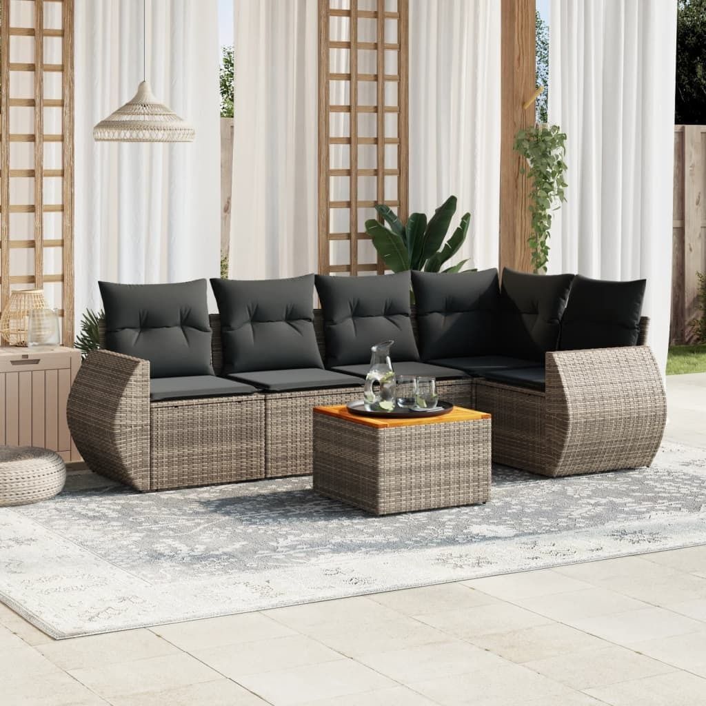 Design 6-tlg. Garten-Sofagarnitur mit Kissen Grau Poly Rattan, Gartenmöbel-Sets 2024 Neu
