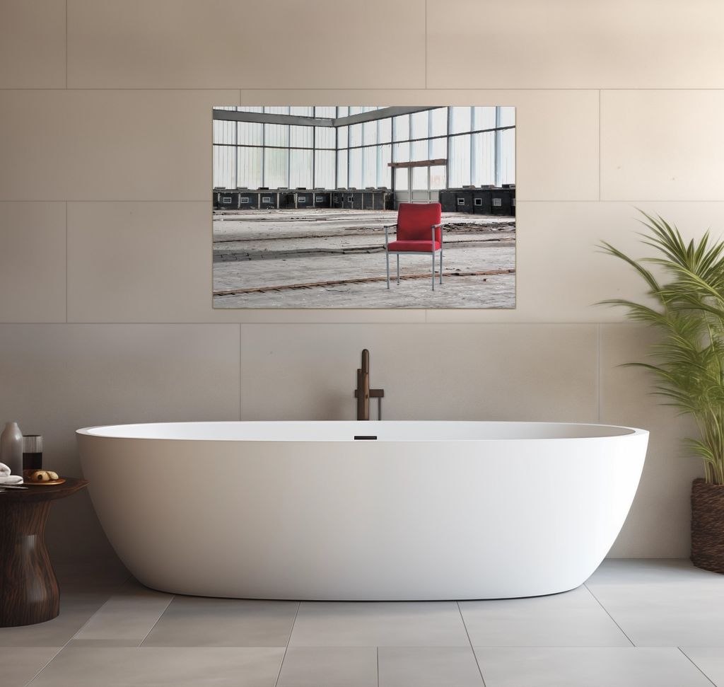 Wallario wasserfestes Poster selbstklebend 91,50 x 61 cm, Stille und Leere - ein einsamer roter Stuhl in einer alten Halle, Badezimmerposter Spritz...