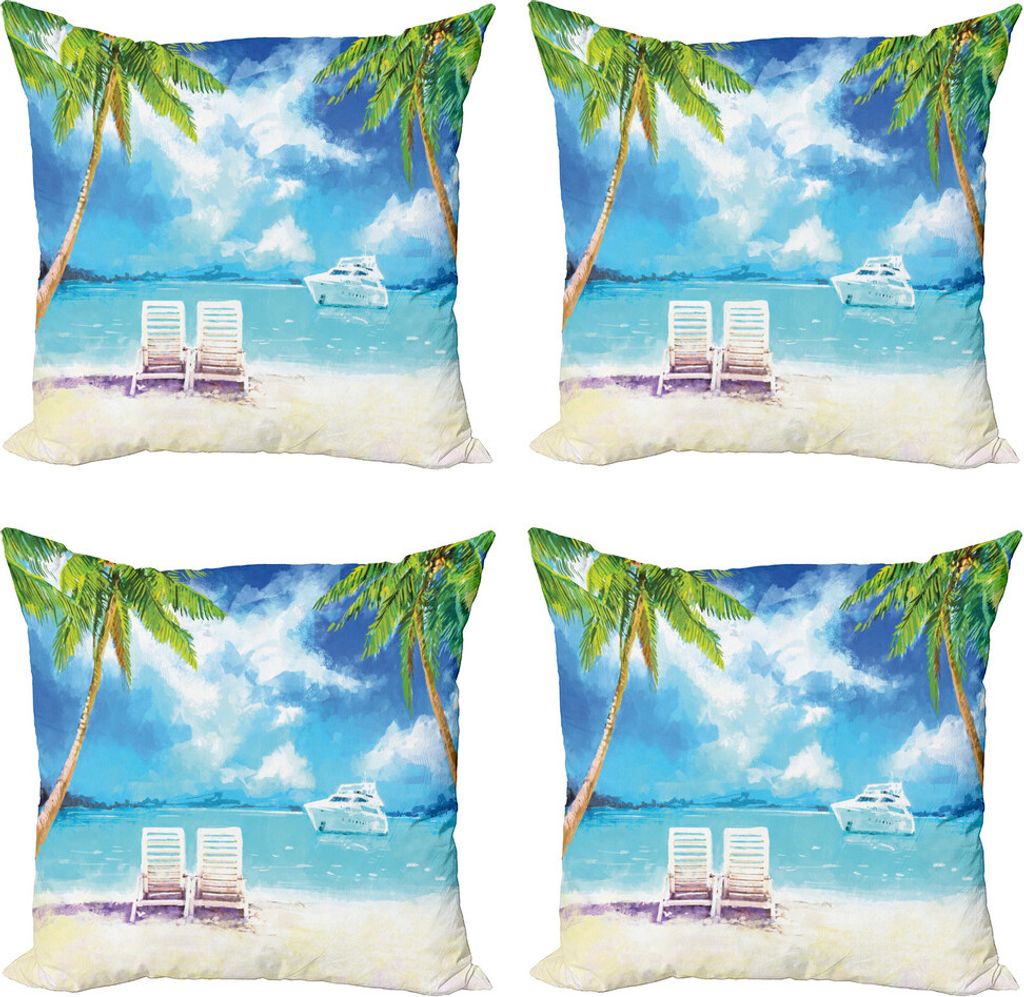ABAKUHAUS Vintage Boat Kissenbezug Set (4 Stück), Exotic Beach Palms, Moderner Doppelseitiger Digitaldruck, 45 cm x 45 cm, Mehrfarbig