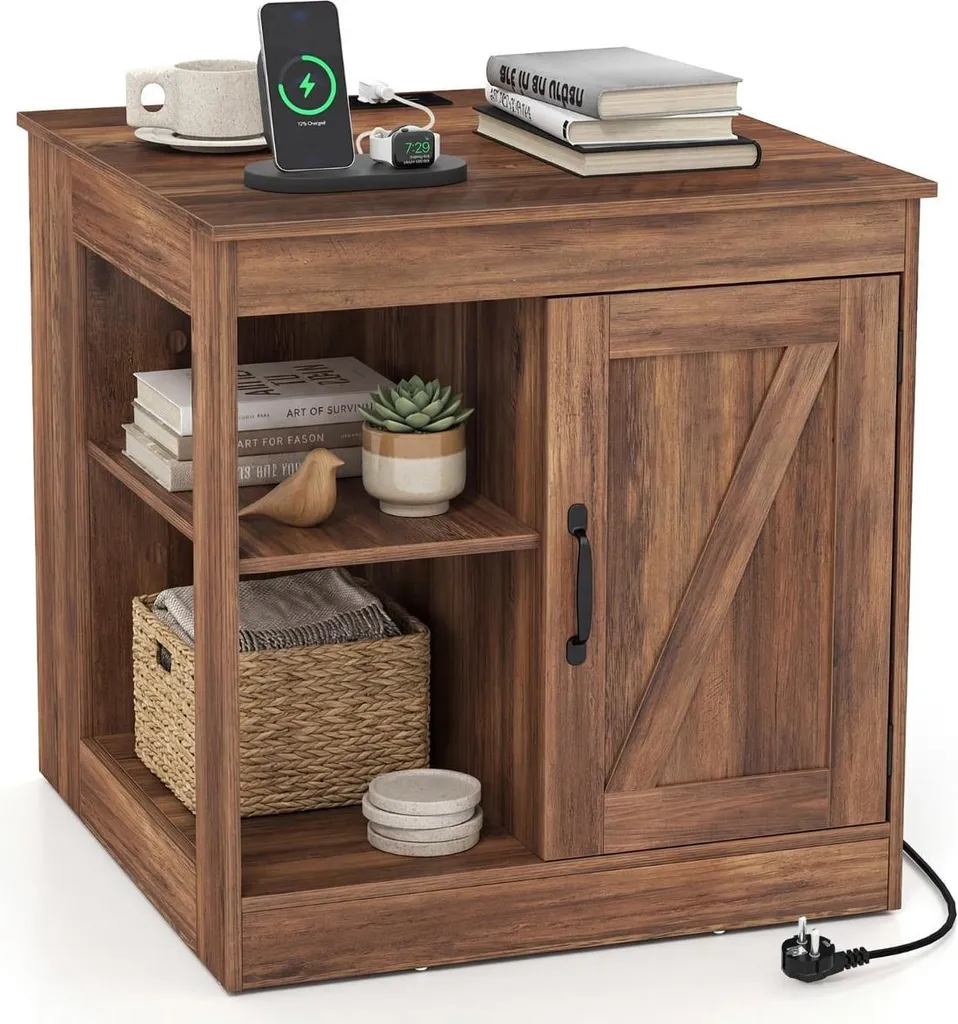 Meuble de Chevet avec Prises et Étagère pour Chambre et Petit Salon