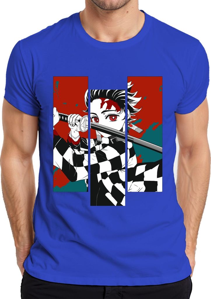 Demon Slayer Dämonenjäger Katana Karomuster Anime Manga Geschenk Herren T-Shirt, Blau, XL