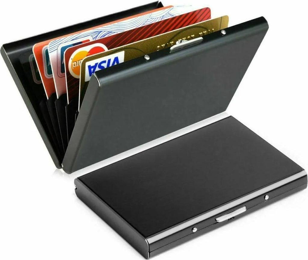 A black metal cardholder with several credit cards inserted is shown with its lid open, and the closed lid is in the foreground.