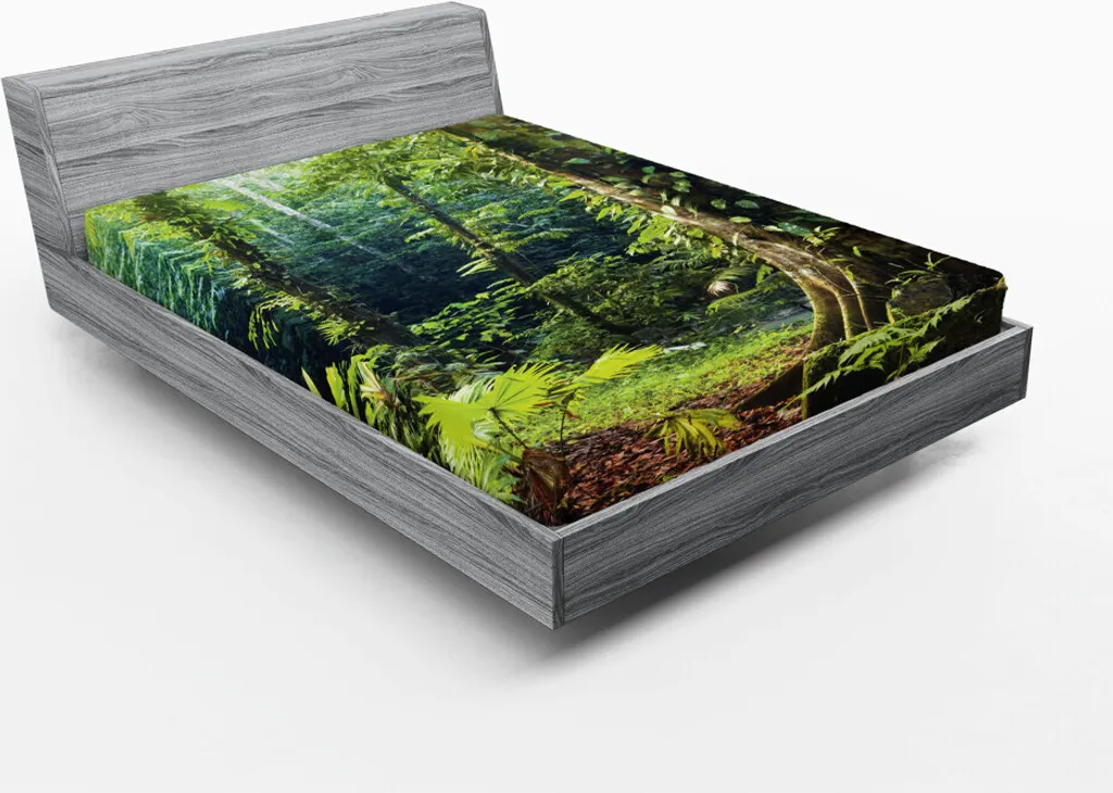 ABAKUHAUS Lenzuolo con angoli Rainforest, Mattina Foresta selvaggia Edera Albero Tranquillità nella natura Rainforest Giungla Motivo fotografico, 180 x 200 cm, Verde Marrone