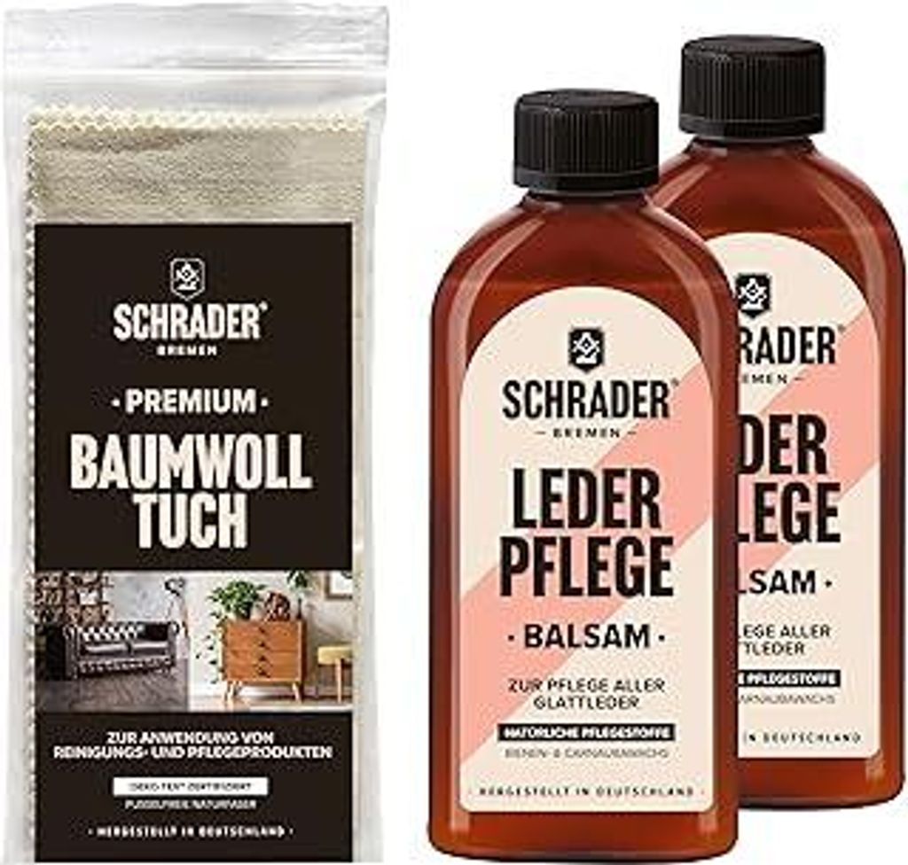 Schrader Lederpflege Balsam Set - Balsam und Poliertuch - für Glatte Lederarten - farbneutral - 3-teilig - Germany