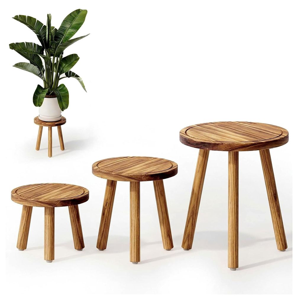 Pflanzenhocker aus Holz im 3er-Set – Naturfarbene Blumenständer in drei Größen – Dekorativer Pflanzenständer aus Massivholz für Zimmerpfla...
