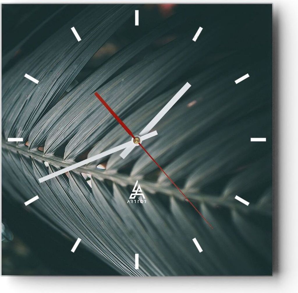 Wanduhr - Quadrat - Glasuhr - Blatt Palme exotisch - 40x40cm - Schleichendes Uhrwerk - Lautlos - zum Aufhängen bereit - Dekoration Modern - Wandde...