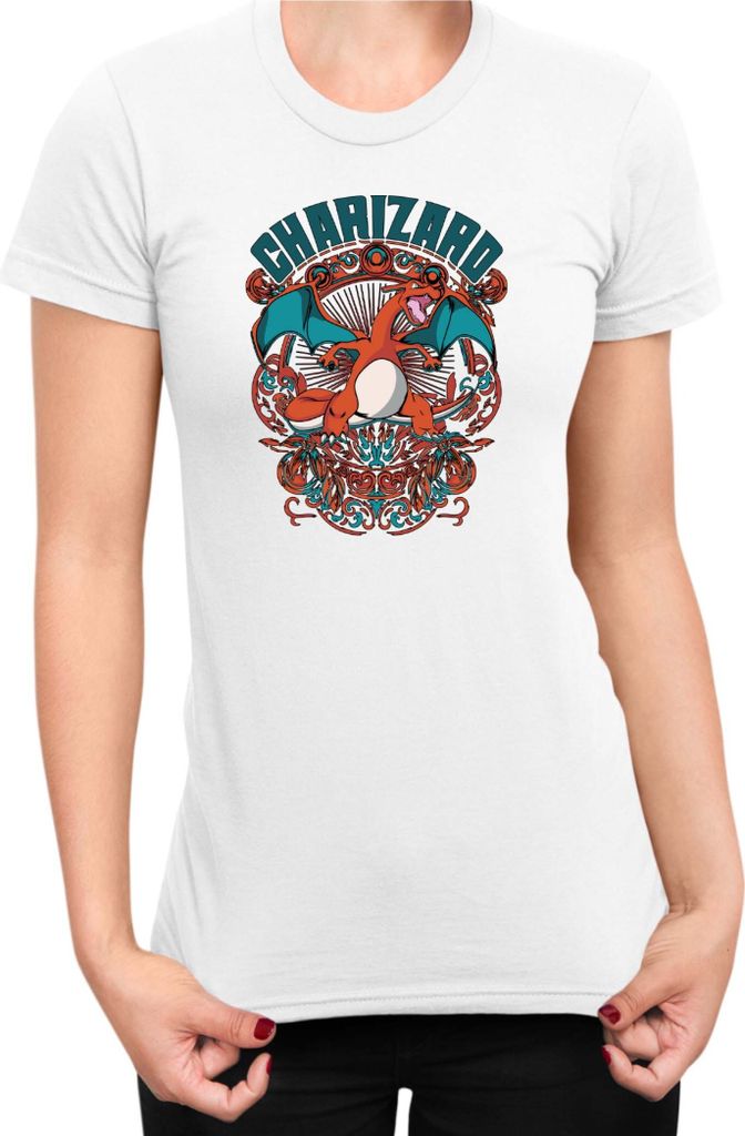 Damen T-Shirt Japan Anime Manga Pokemon Charizard, Lady M / Weiß