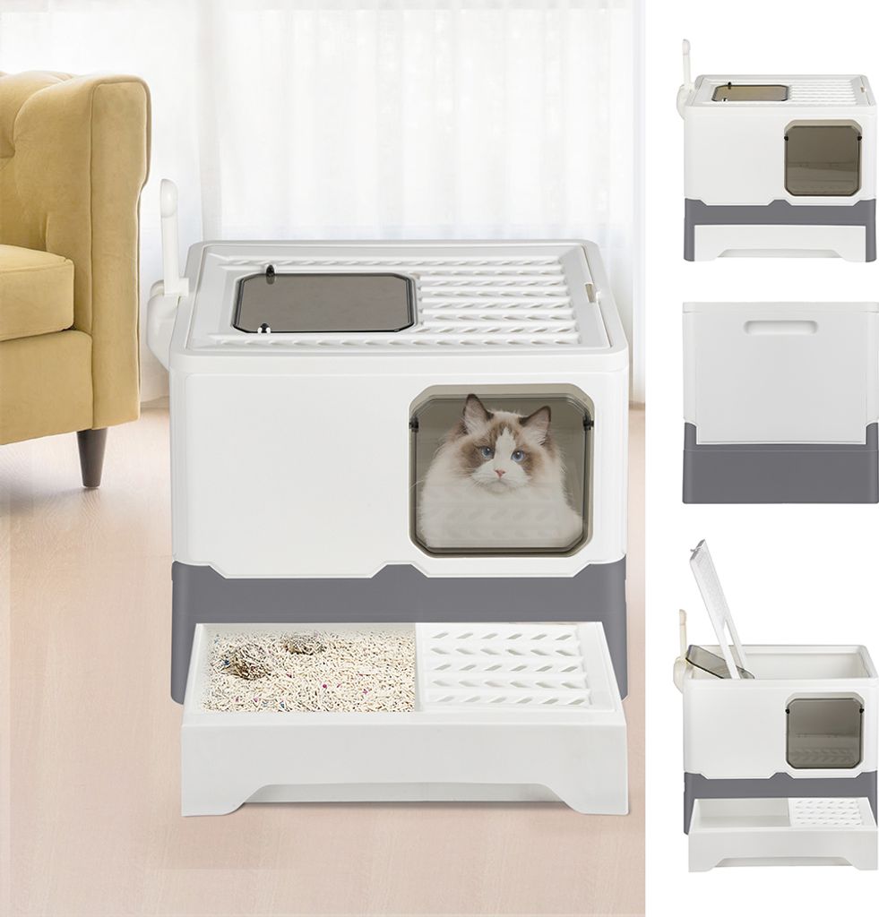 Katzenklo mit Deckel,geschlossene Katzentoilette,Fronteinstieg und Ausgang oben,Anti-Spritz-Katzenklo 45x35x38cm Grau+Weiß